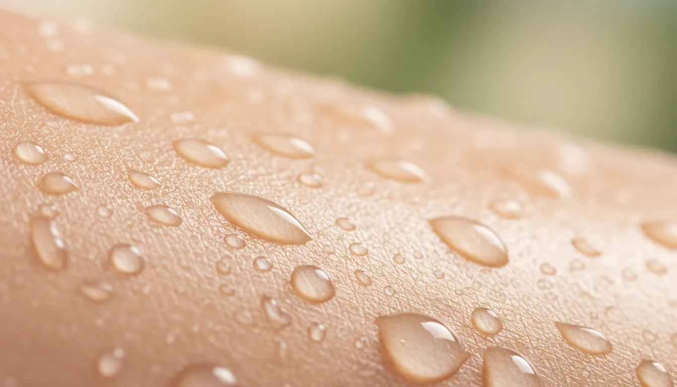 Close-up of hydrated, glowing skin with water droplets, representing a great moisturizer for dehydrated skin.
