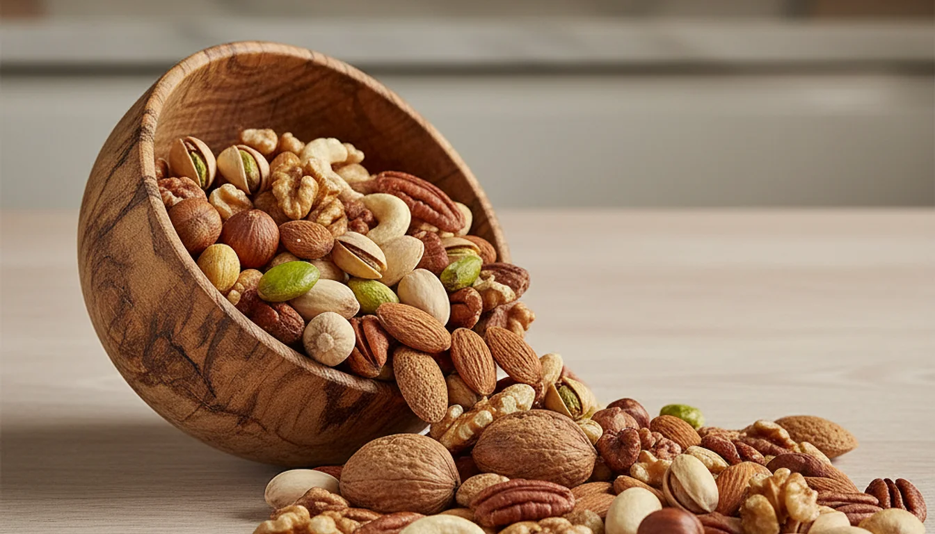 Assorted nuts in a bowl, promoting heart health and healthy eating.