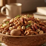Assortment of heart-healthy nuts (almonds, walnuts, pecans, pistachios) in a wooden bowl.