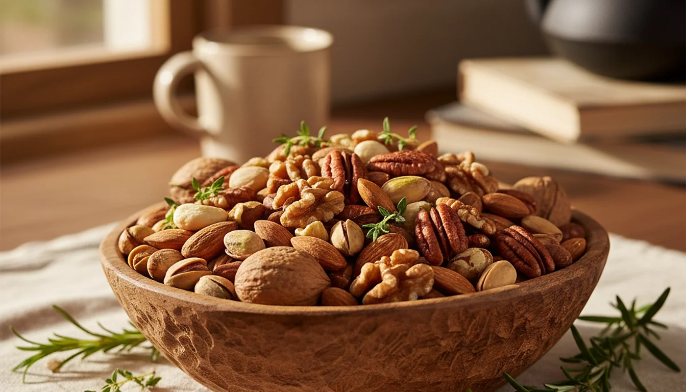 Assortment of heart-healthy nuts (almonds, walnuts, pecans, pistachios) in a wooden bowl.