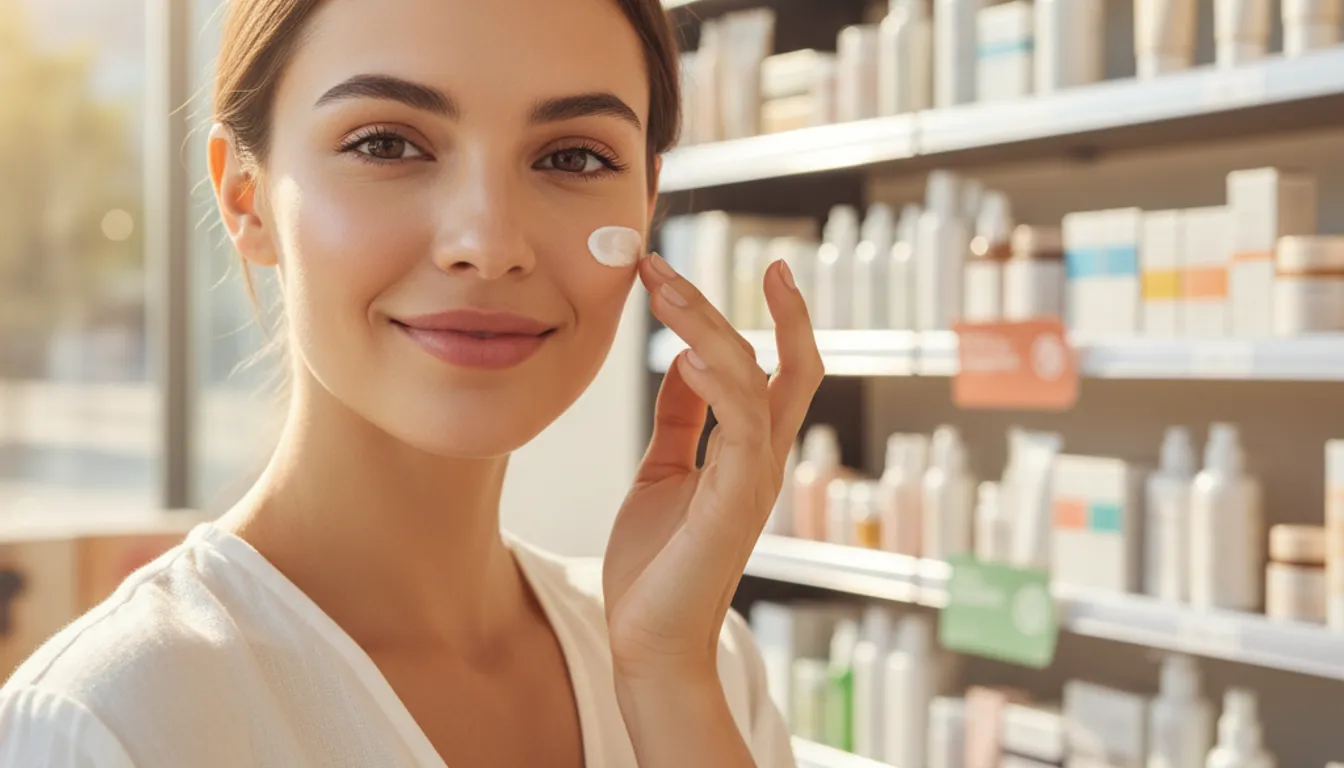 Woman applying sunscreen in pharmacy aisle, protecting skin for daily glow and wrinkle prevention.