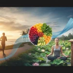 30-Day Healthy Habits Challenge: Diverse elements representing fitness, nutrition, mindfulness, and well-being.