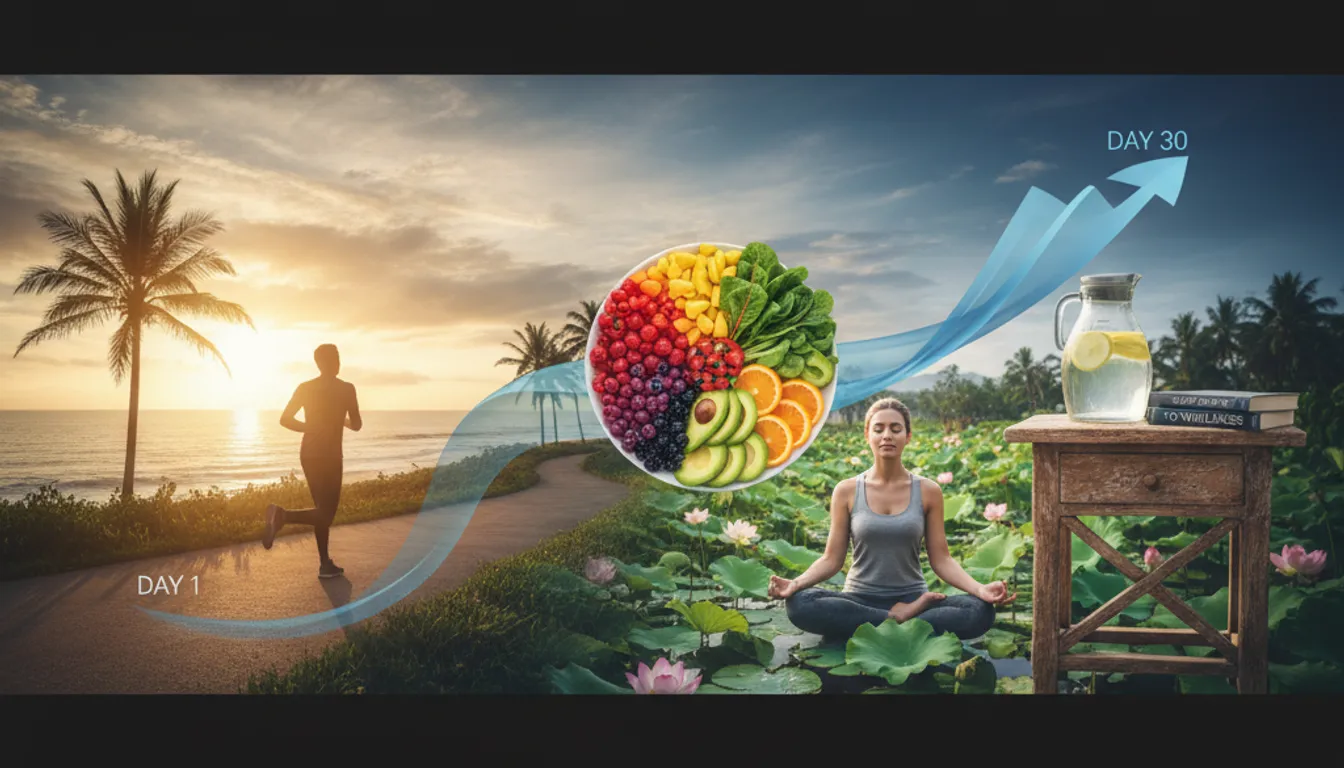 30-Day Healthy Habits Challenge: Diverse elements representing fitness, nutrition, mindfulness, and well-being.