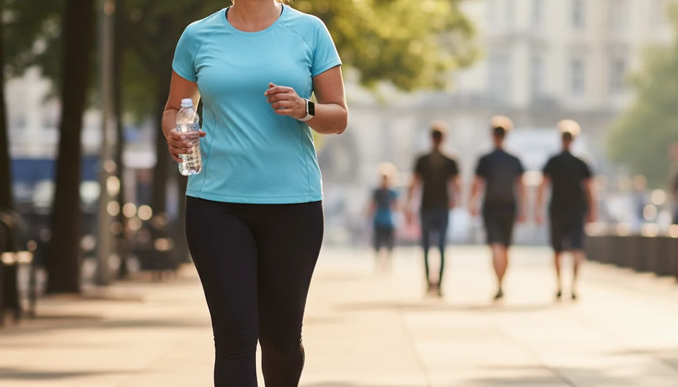 Woman walking briskly outdoors to relieve work stress, enjoying sunlight and fresh air.