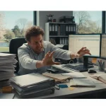 Image: Stressed office worker overwhelmed by work, with a calming window in the background.