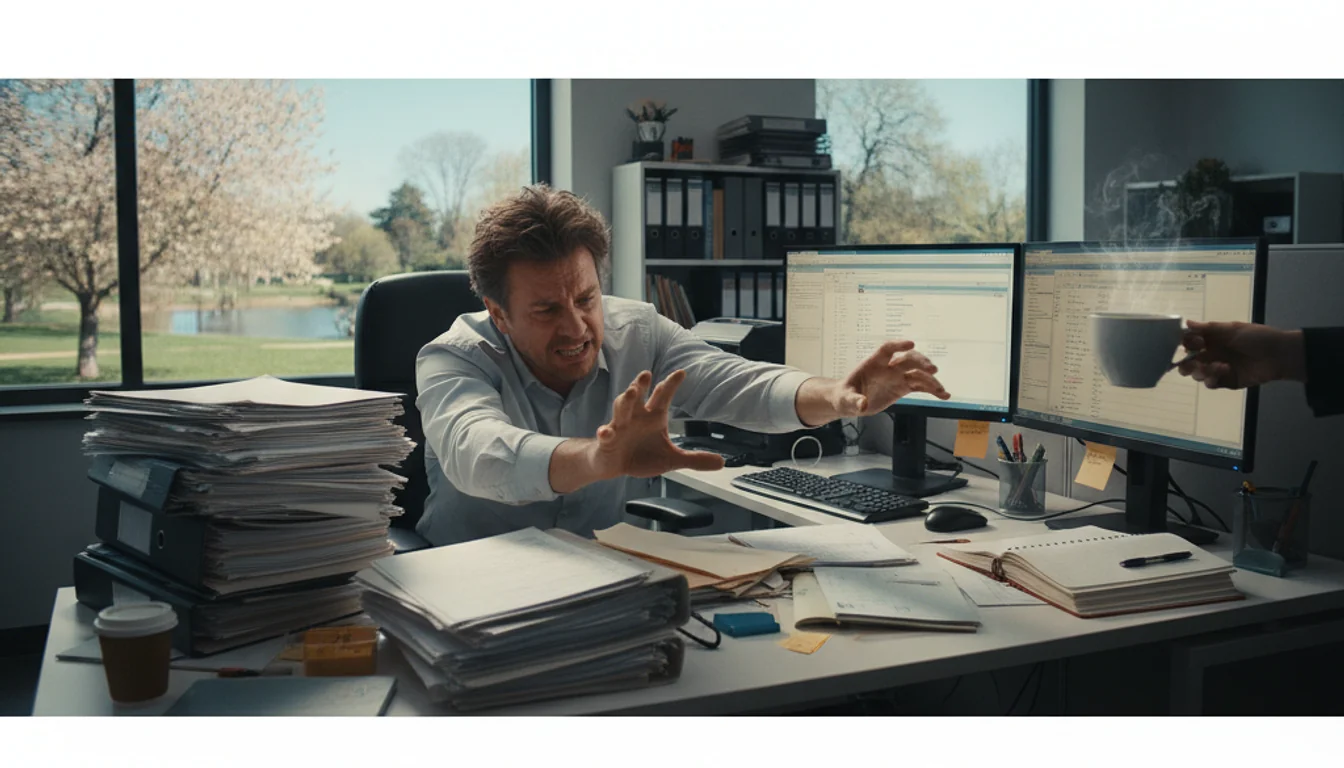 Image: Stressed office worker overwhelmed by work, with a calming window in the background.