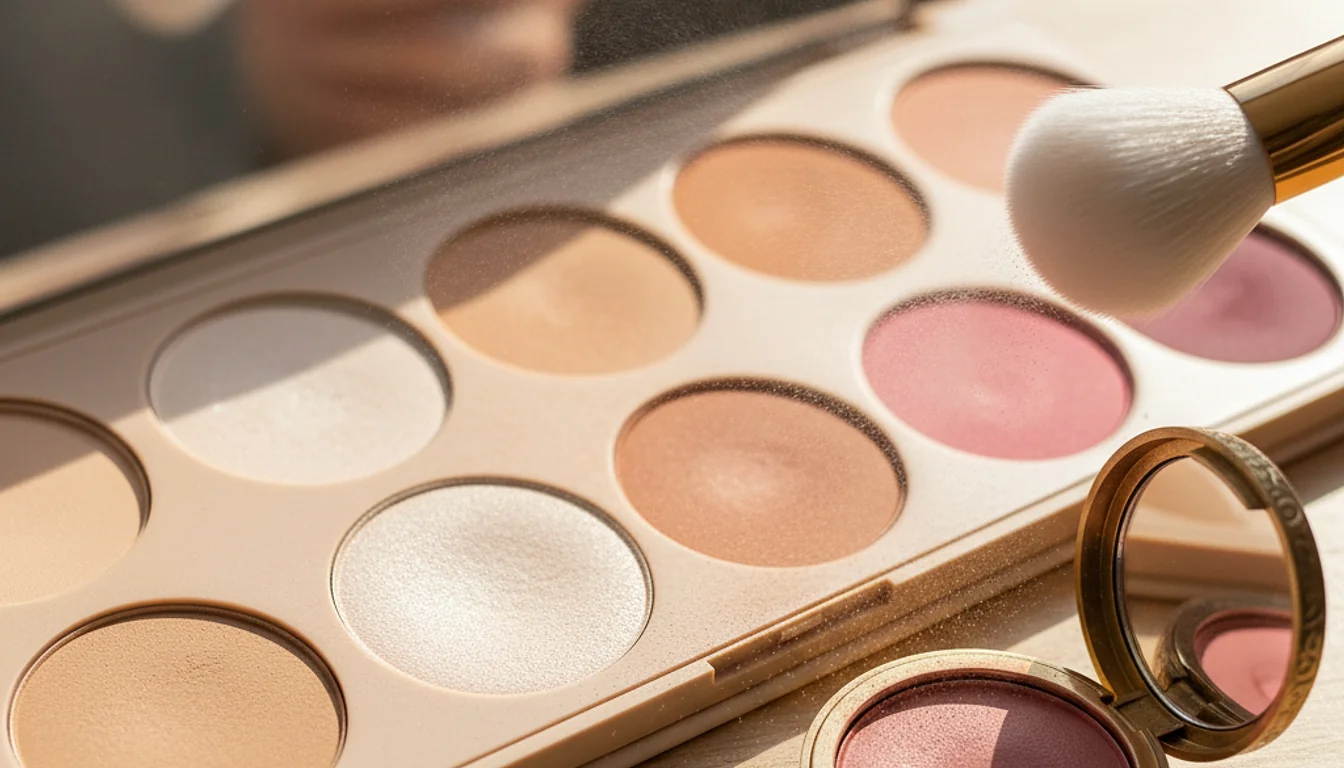Cruelty-free makeup palette with powder products and cream blush being set with powder.