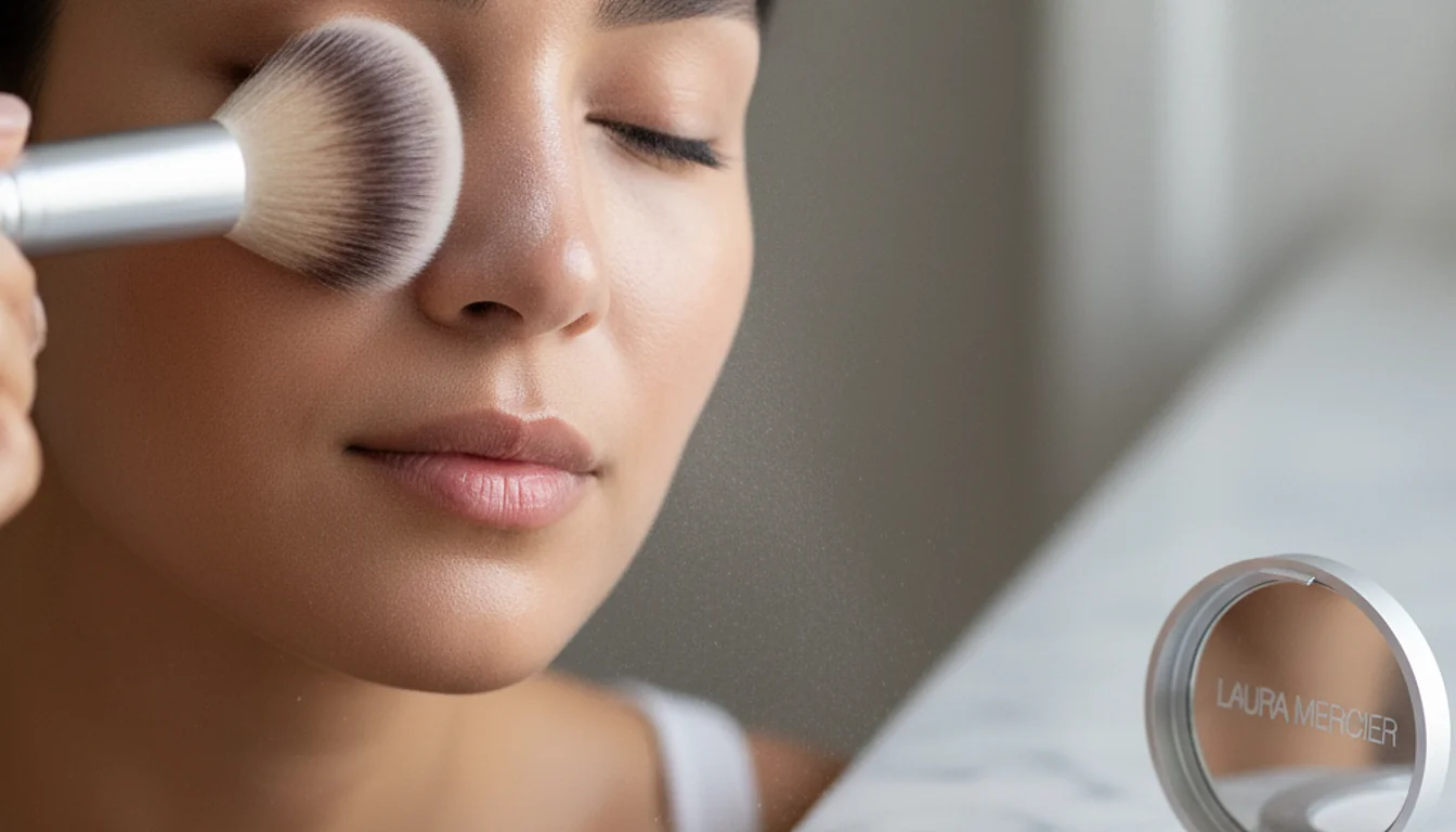 Woman applying translucent setting powder to oily skin, focusing on T-zone for all-day makeup wear.