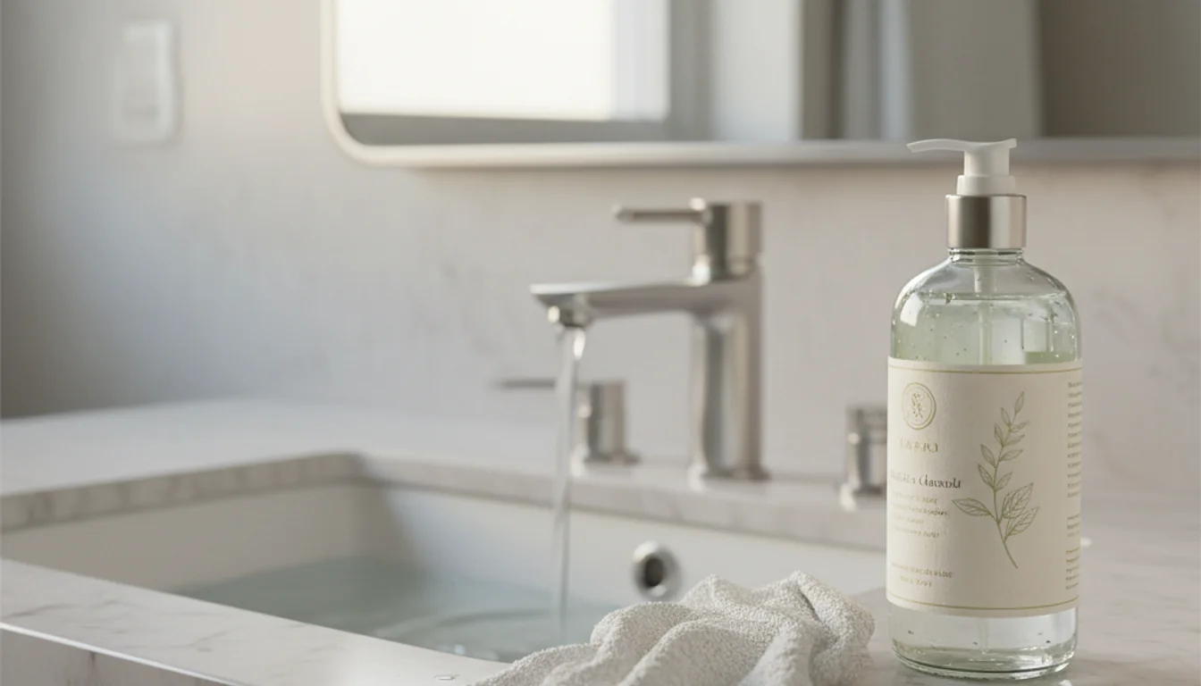 Gentle cleanser for oily skin, a clean bathroom sink, and fresh facecloth for skincare routine.