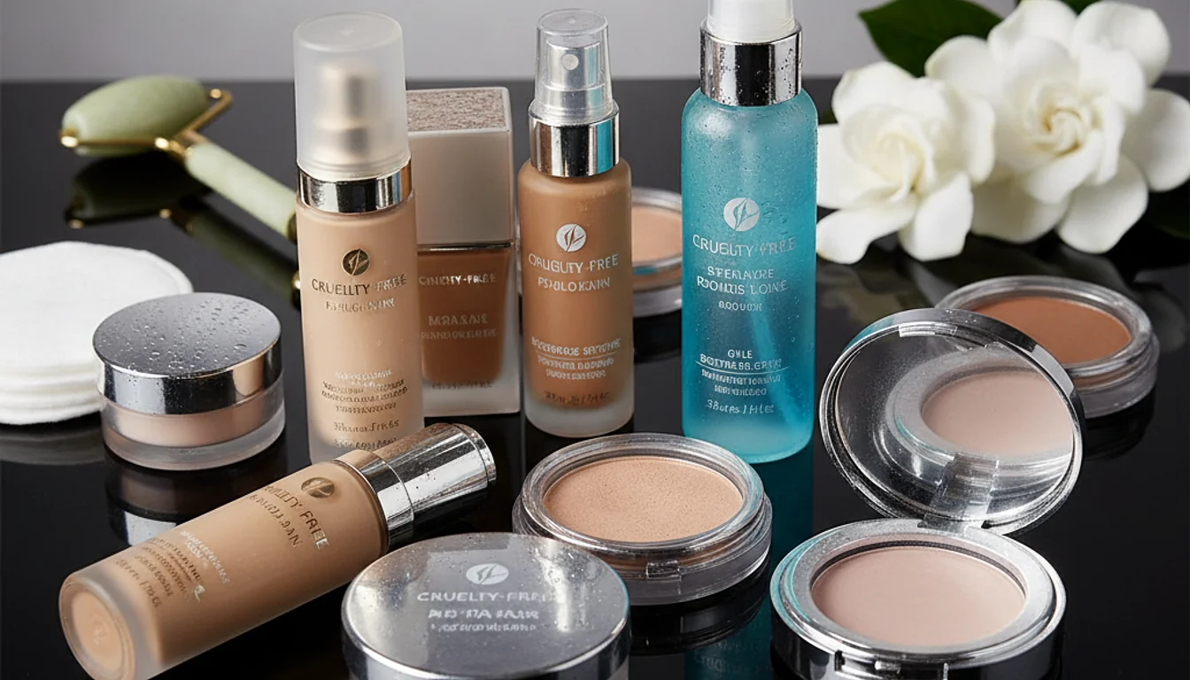 Cruelty-free makeup for oily skin: foundations, powders, and setting sprays on a black surface.