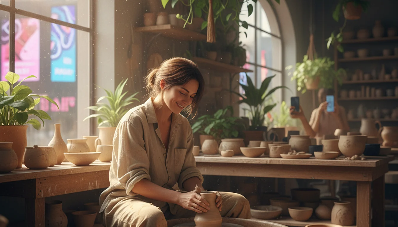 Woman finding mental clarity through pottery after digital detox. Thriving, not just surviving.