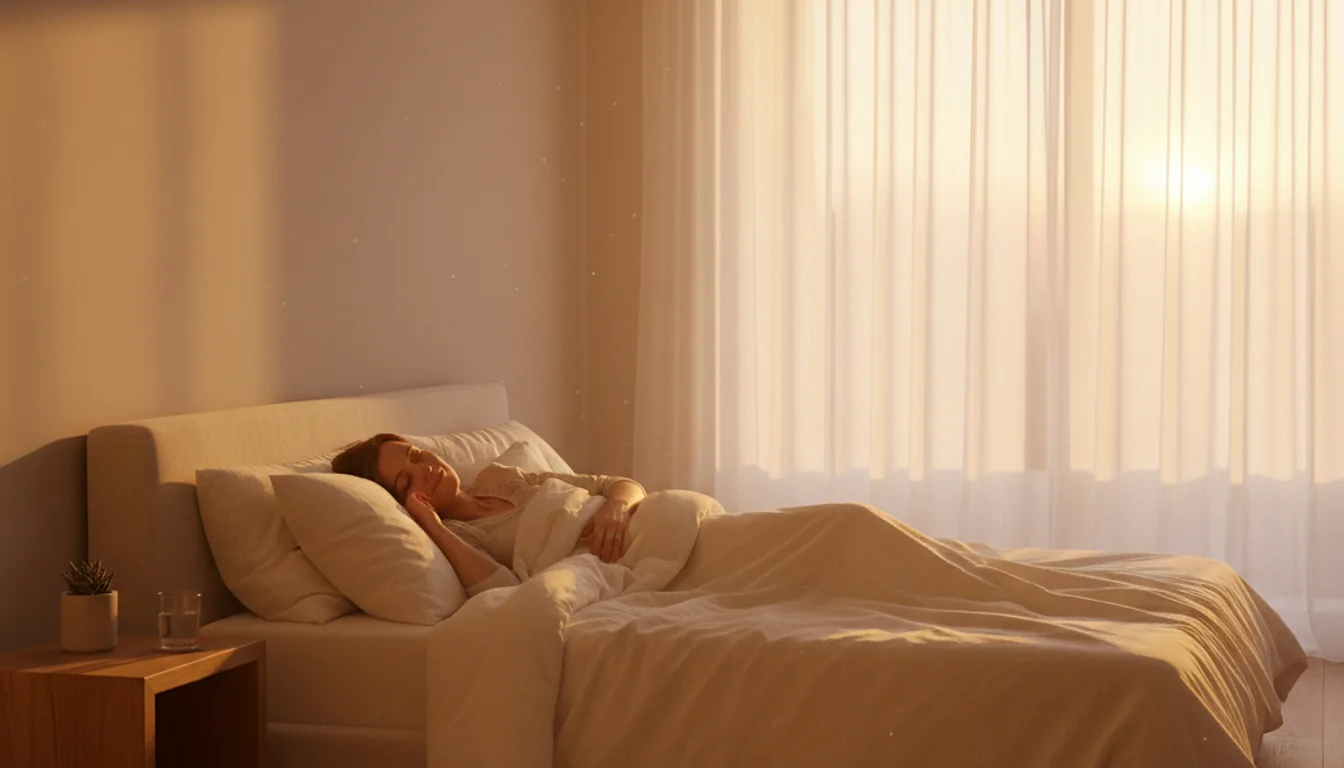 Woman sleeping peacefully in a calm bedroom, representing a digital detox and improved sleep.
