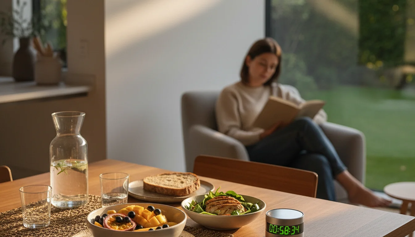 Digital detox: Smartphone face down on table, timer, book, healthy meal, mental clarity.