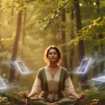 Digital detox: Woman in nature finding mental clarity amidst digital distractions. Photorealistic image.