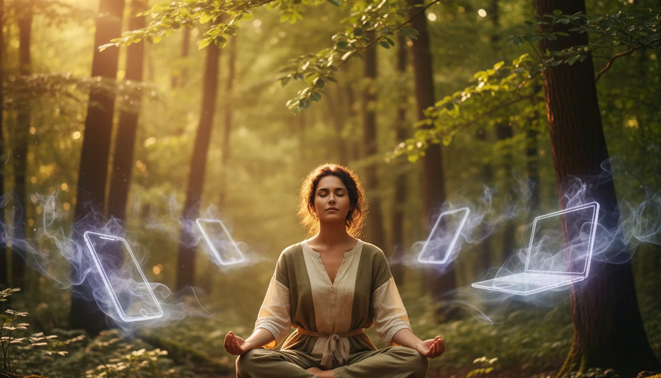 Digital detox: Woman in nature finding mental clarity amidst digital distractions. Photorealistic image.