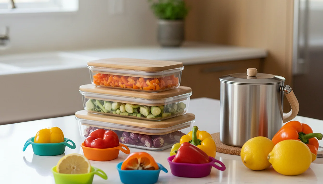 Eco-friendly kitchen with silicone food huggers and reusable food storage options.