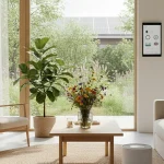 Eco-friendly home products 2025: Sustainable living room design with smart, green technology.