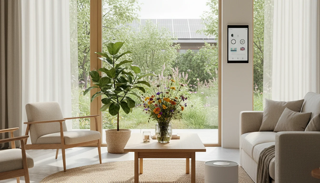 Eco-friendly home products 2025: Sustainable living room design with smart, green technology.
