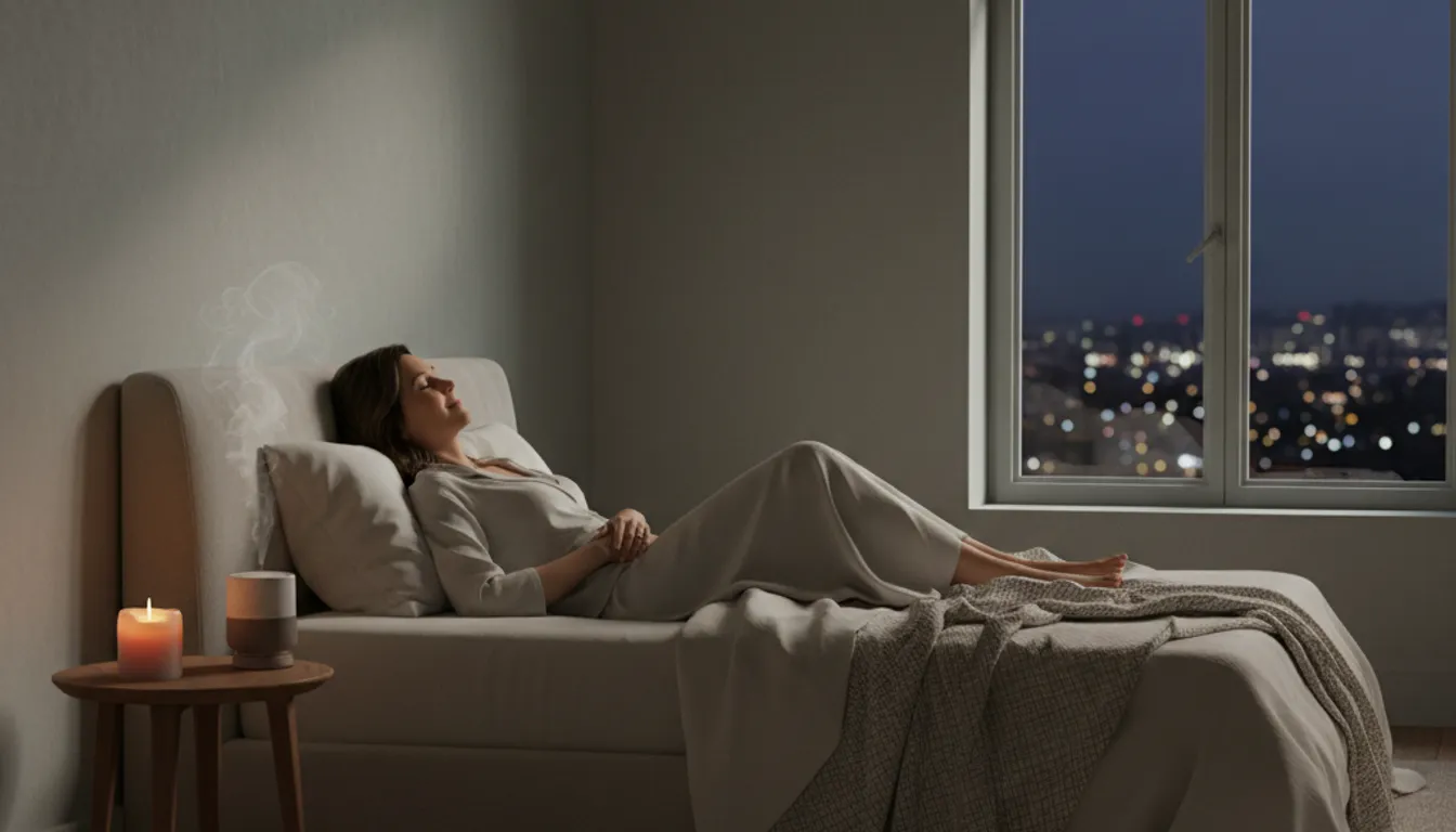 Woman sleeping peacefully in a bedroom, aided by aromatherapy and a calm environment.