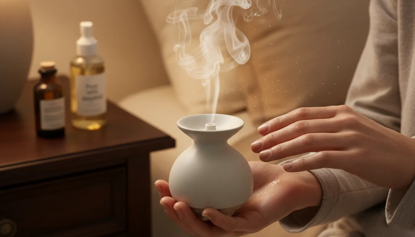 Woman applying essential oils for sleep using a diffuser and pulse point application.