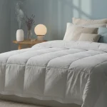 Photorealistic image: Bedroom scene with essential oil diffuser, lavender, and serene atmosphere for sleep.