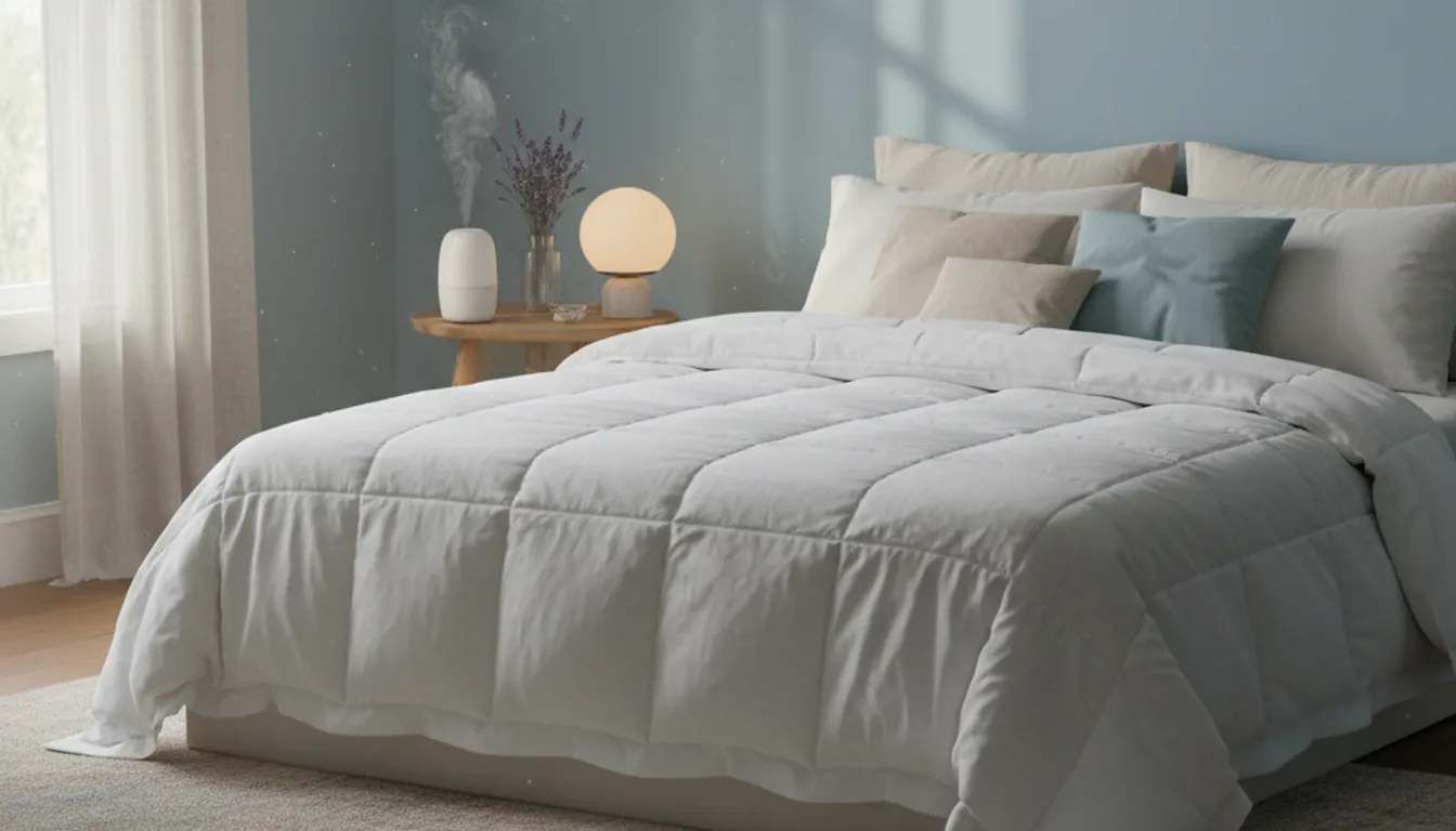 Photorealistic image: Bedroom scene with essential oil diffuser, lavender, and serene atmosphere for sleep.