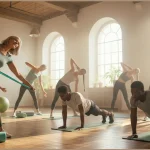 People doing posture exercises in a bright studio, improving their spine and overall health.