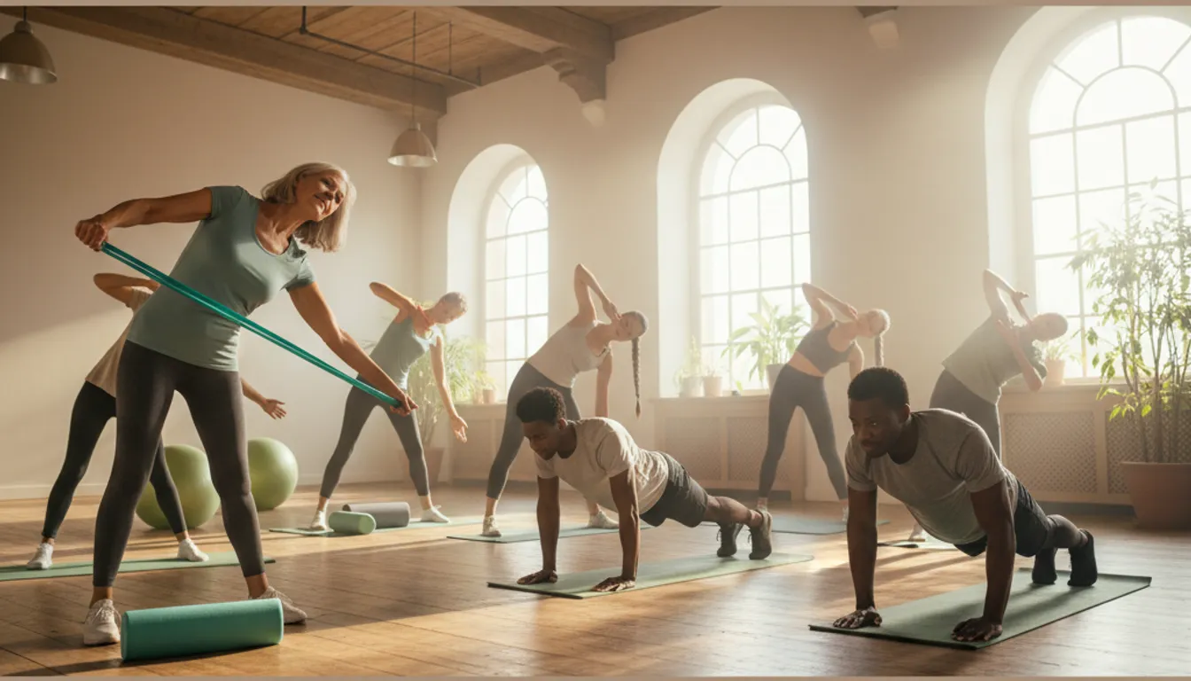People doing posture exercises in a bright studio, improving their spine and overall health.