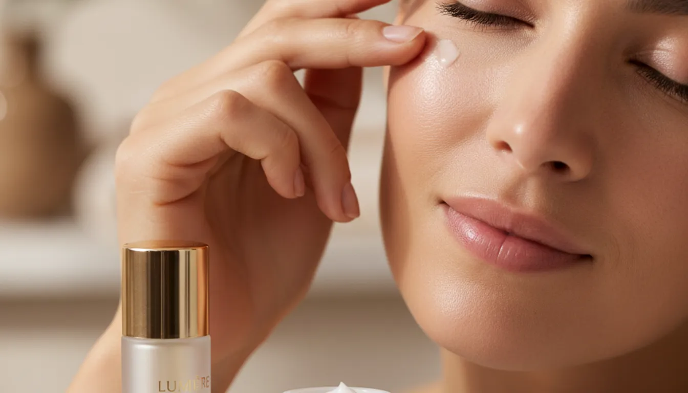 Woman applying eye cream to reduce wrinkles, with retinol, peptides, and hyaluronic acid.