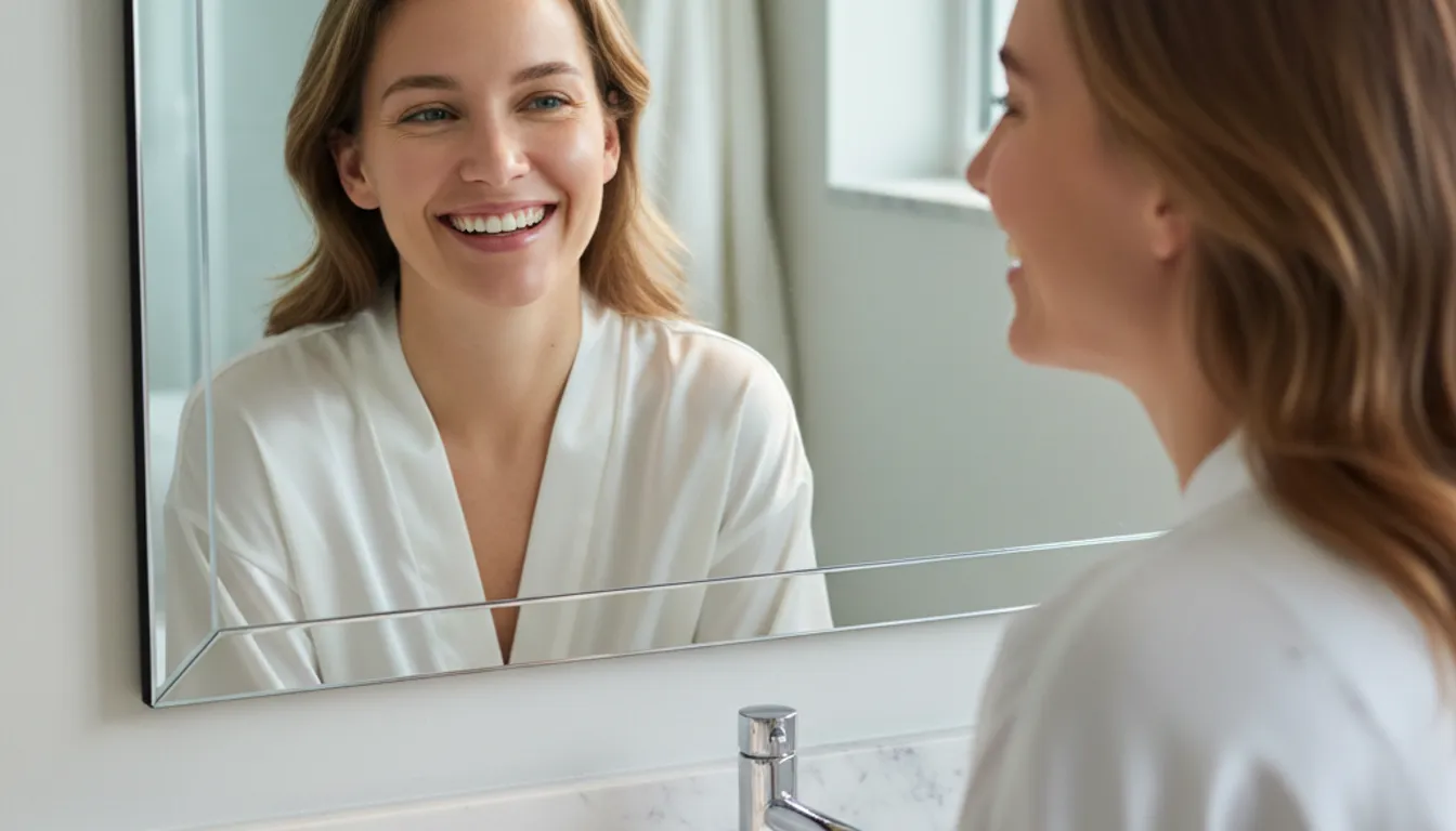 Happy woman looking in mirror, showing improved skin under eyes after using eye cream.