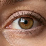 Eye cream for wrinkles under eyes: close-up of mature woman's eye, showing skin texture and wrinkles.