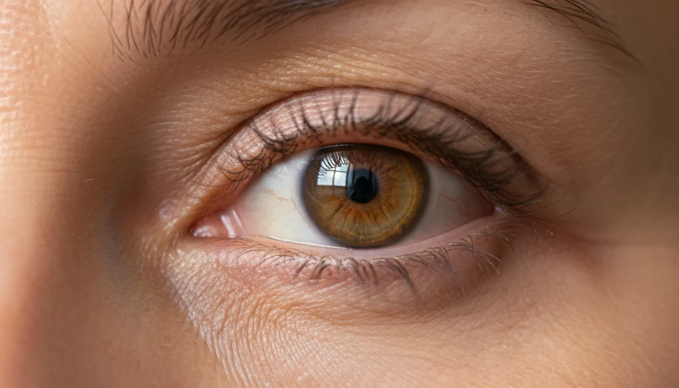 Eye cream for wrinkles under eyes: close-up of mature woman's eye, showing skin texture and wrinkles.