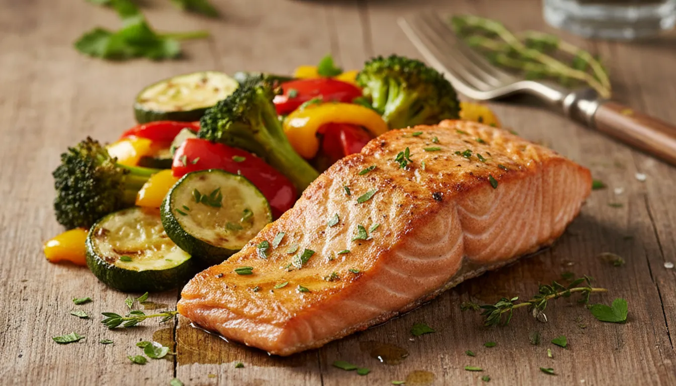 Gluten-free roasted salmon with vegetables, a healthy and delicious weight loss recipe.