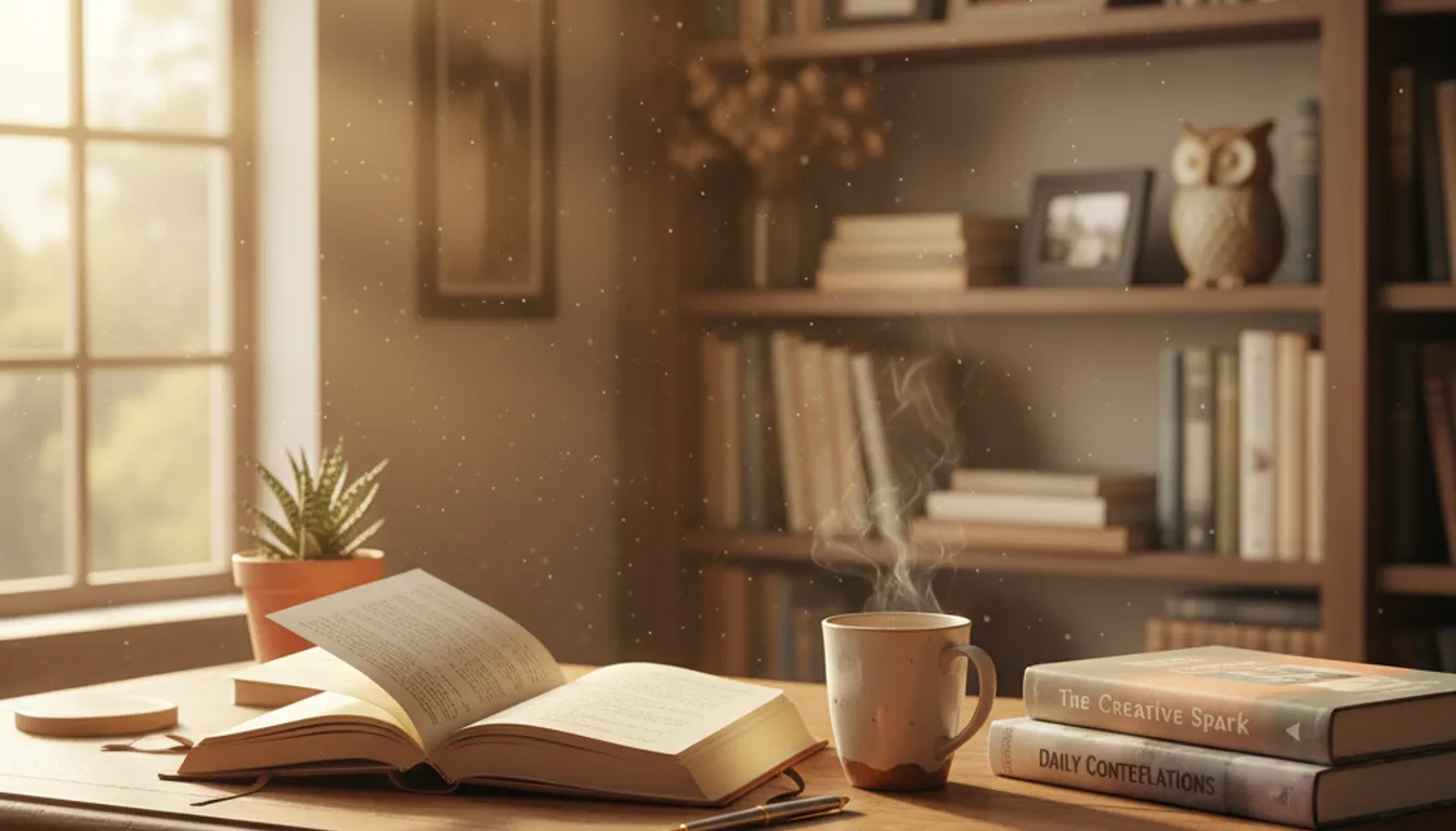 Cozy study scene with gratitude journal, pen, and tea cup; daily habit concept.