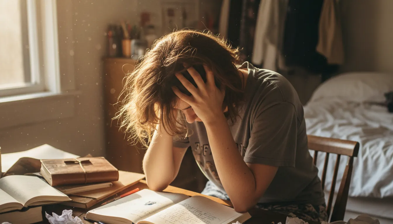 Frustrated woman throws journal across the room, struggling with gratitude journaling.