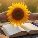 Photorealistic image of a gratitude journal with sunflower and hands, symbolizing thankfulness.