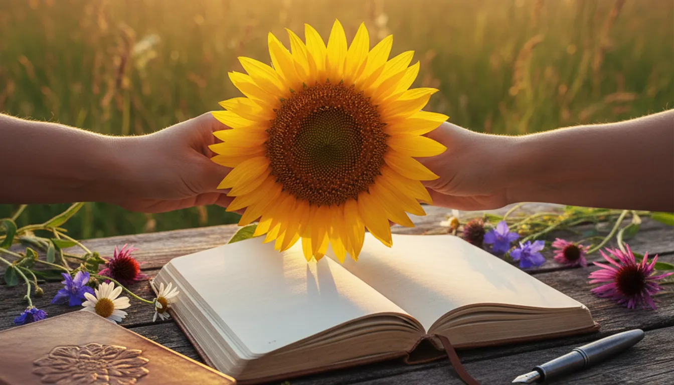 Photorealistic image of a gratitude journal with sunflower and hands, symbolizing thankfulness.