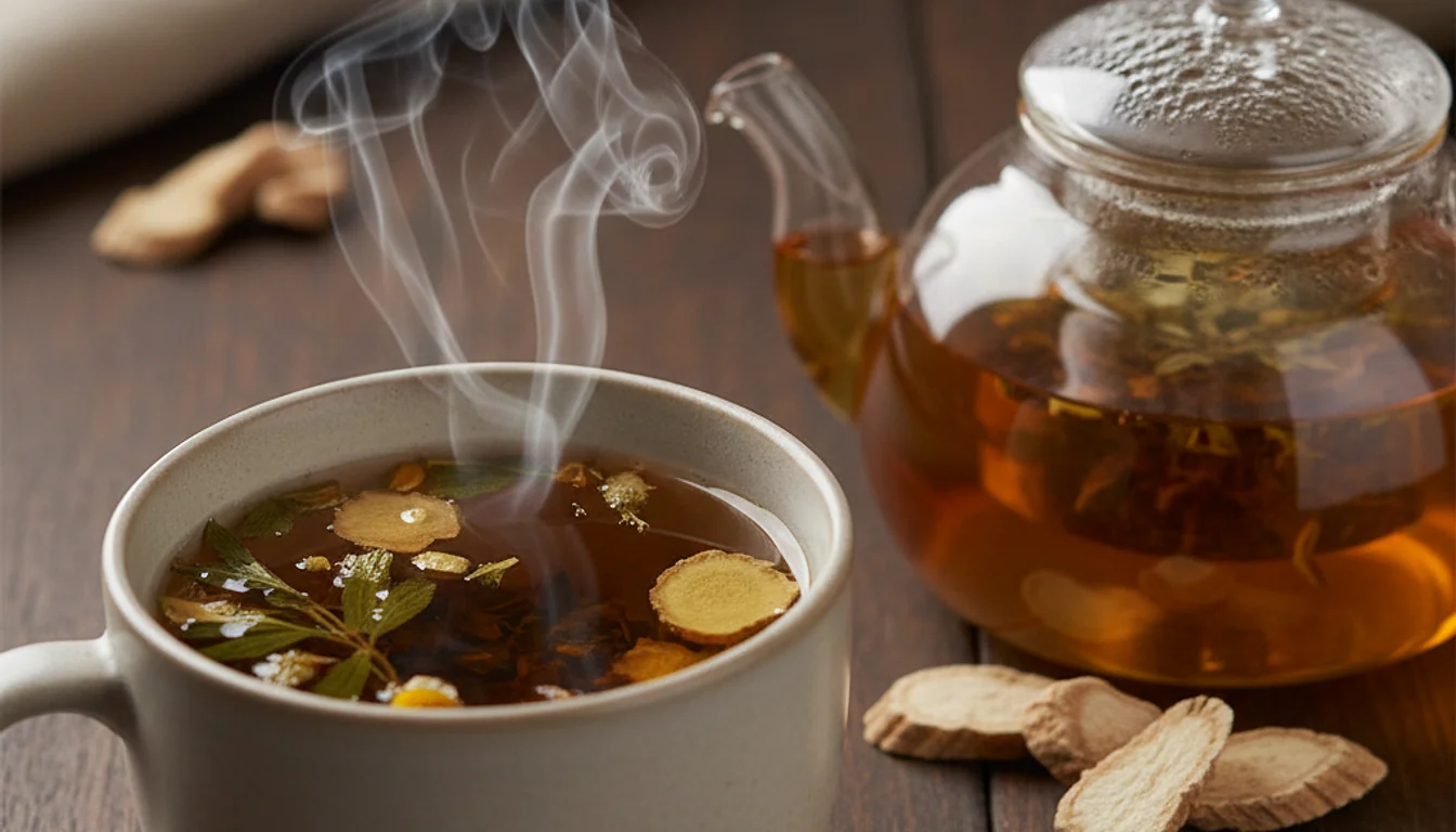 Steaming mug of herbal tea with astragalus and herbs, boosting the immune system.