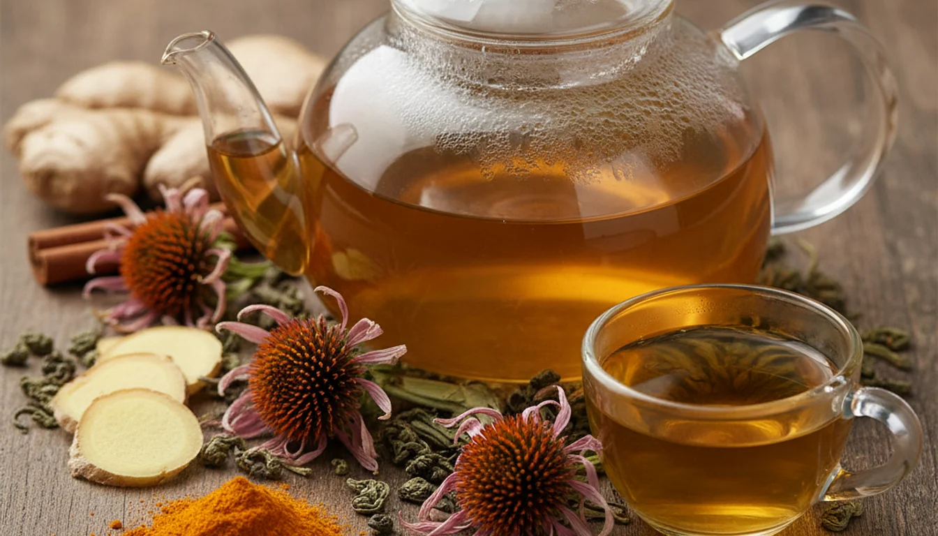 Herbal tea ingredients: echinacea, ginger, turmeric, green tea, cinnamon for immune support.