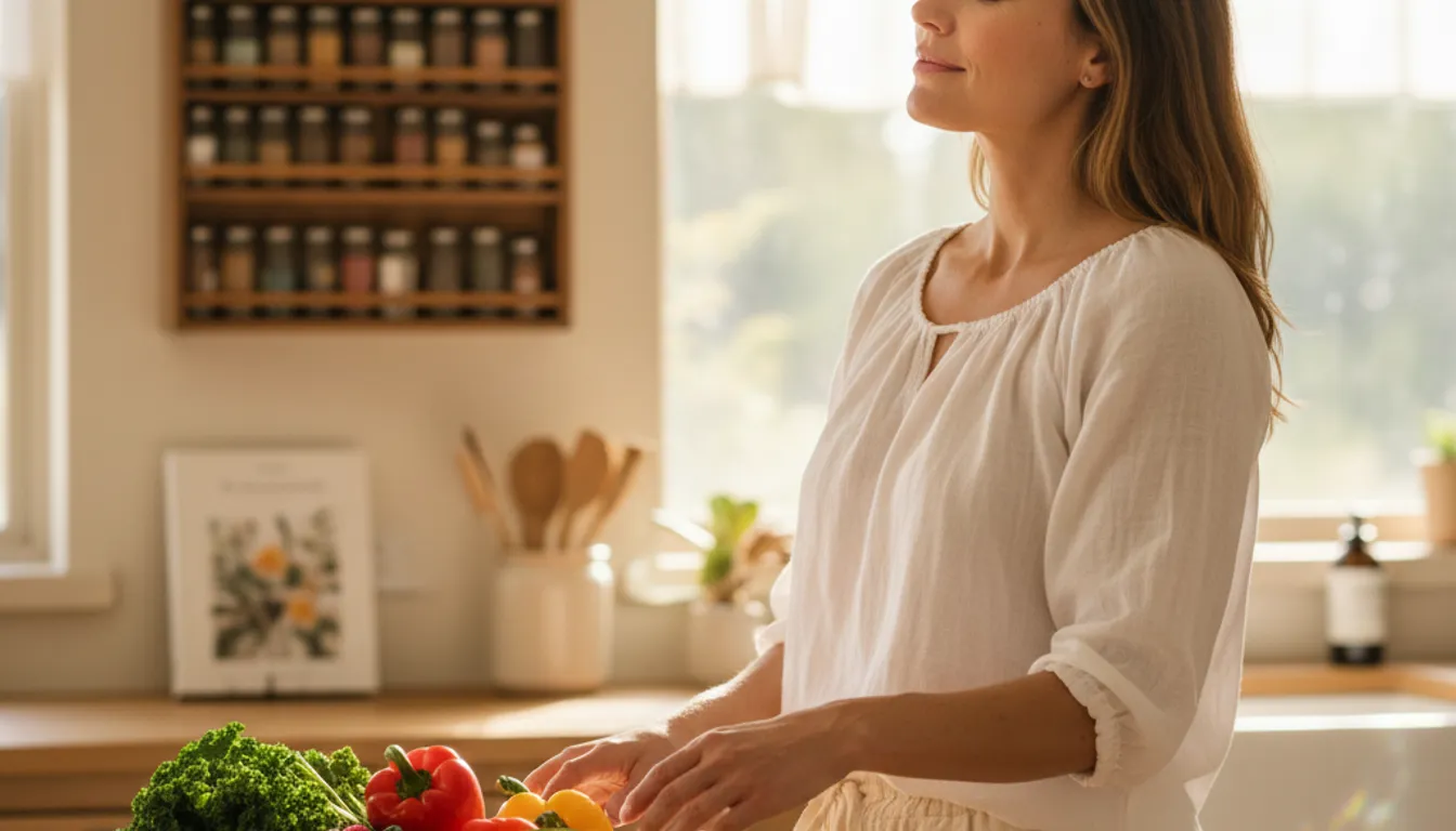 Woman feeling relief after eating high fiber foods for digestion, surrounded by healthy foods.