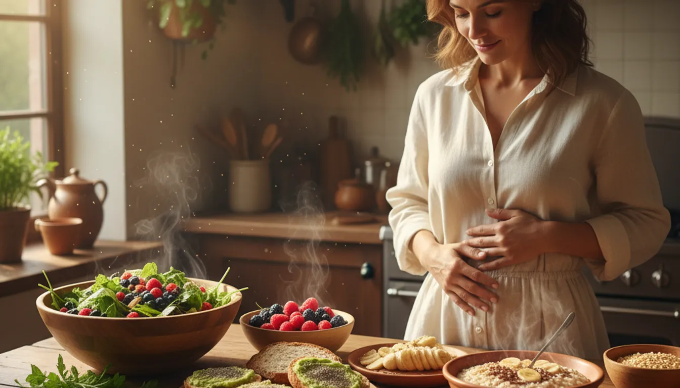 Woman enjoying high-fiber foods for digestion, feeling healthy and happy in a bright kitchen.