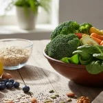 Photorealistic image of high-fiber foods including fruits, vegetables, and grains for healthy digestion.