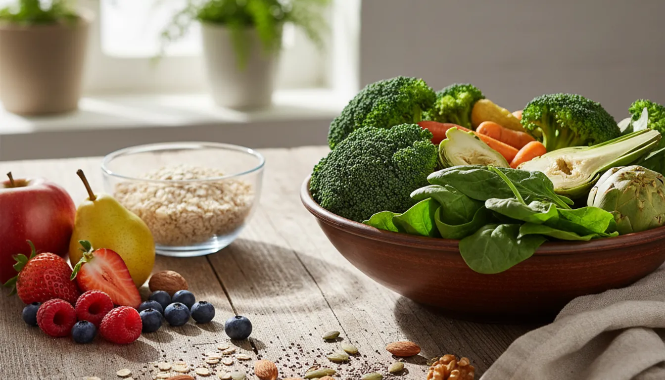 Photorealistic image of high-fiber foods including fruits, vegetables, and grains for healthy digestion.