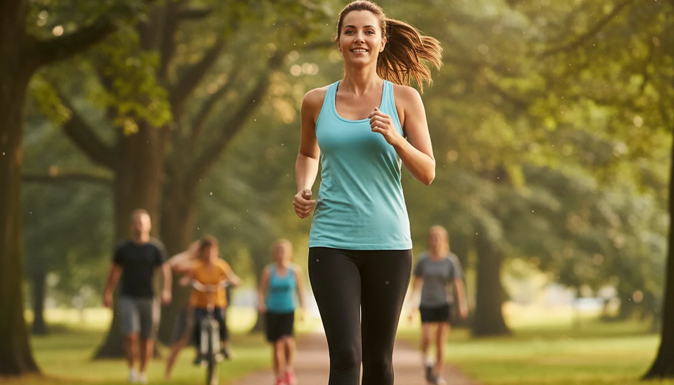 Woman jogging with good posture in a park, representing holistic weight management and exercise.