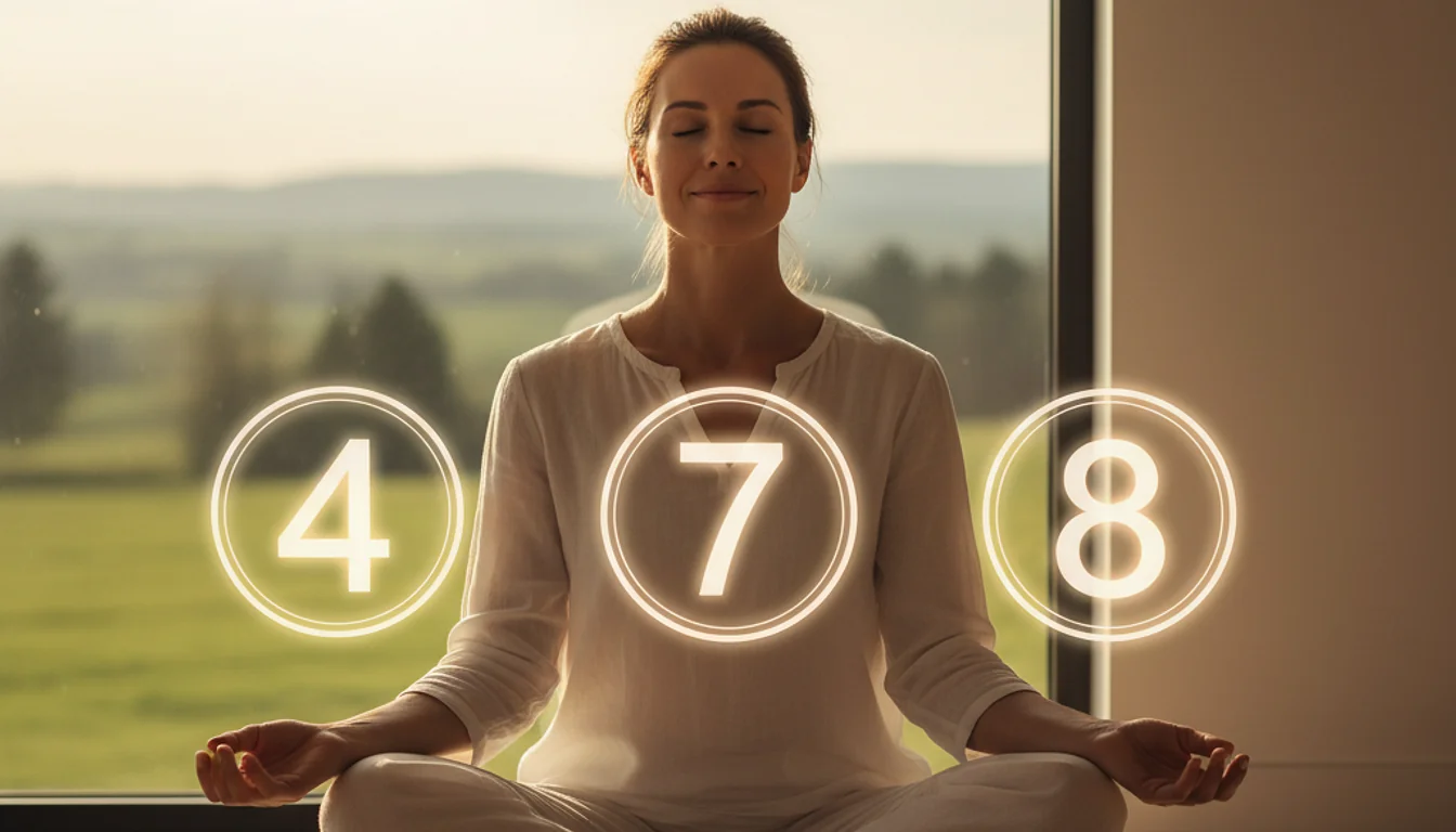 Woman practicing 4-7-8 breathing for stress relief and weight management in a peaceful setting.