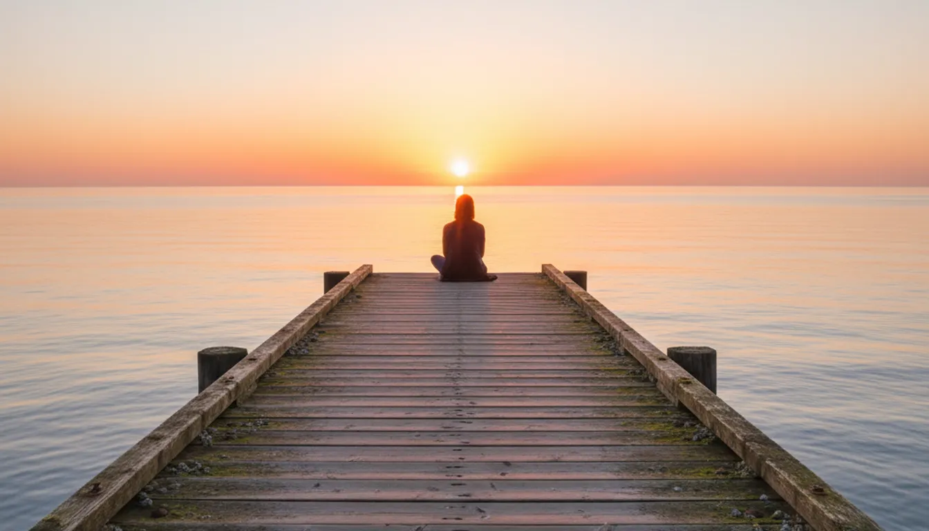 Person on pier at sunset, representing seeking help for depression and mental wellness.
