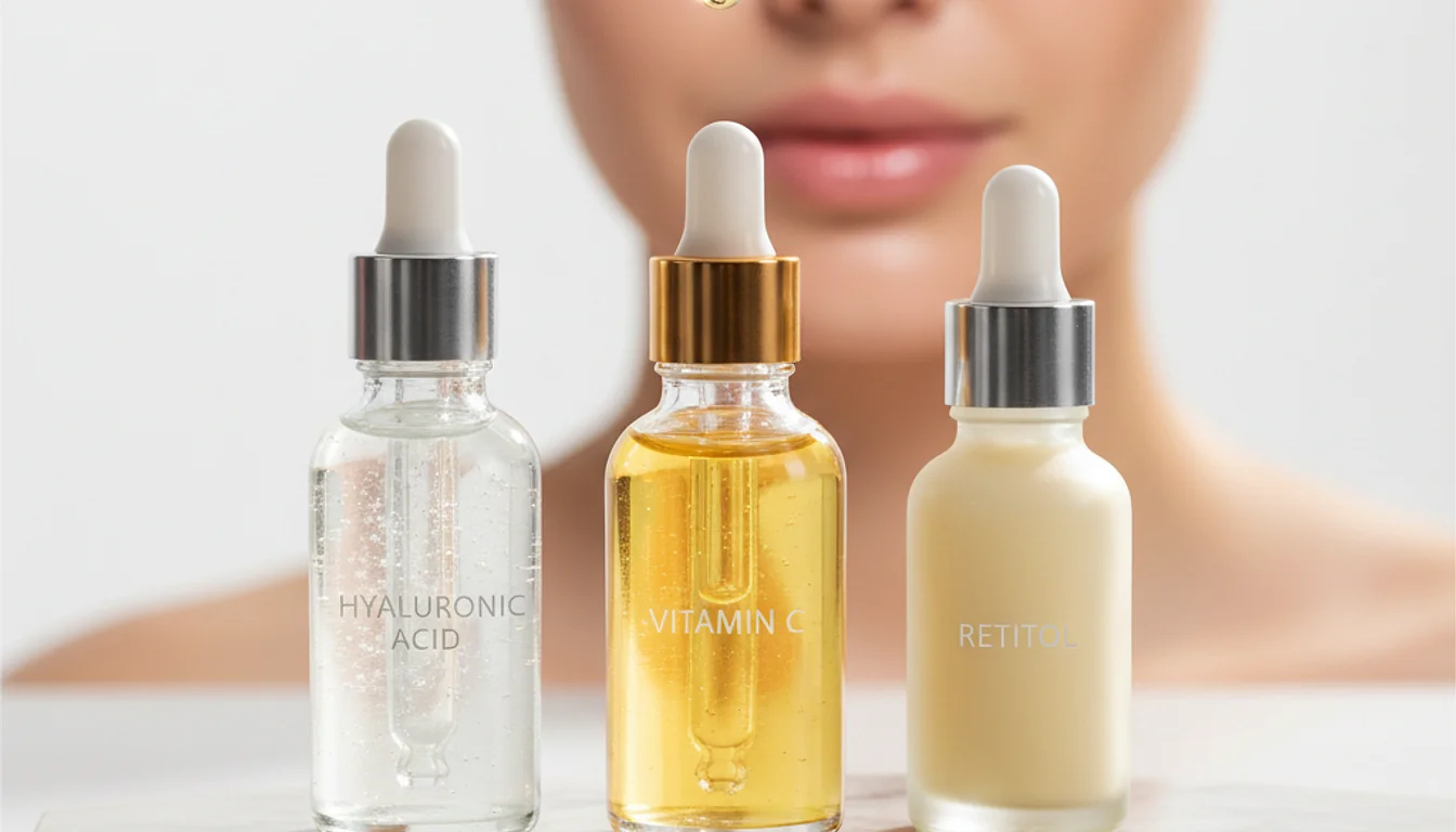 Serum bottles with vitamin C, hyaluronic acid, and retinol, illustrating skincare layering.