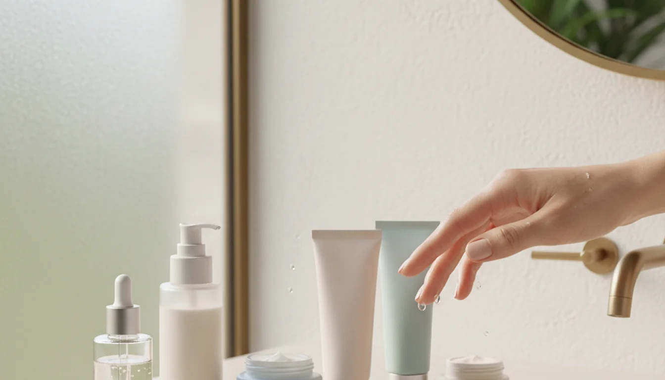 Skincare layering routine: A photorealistic image of various products in a beautiful arrangement.