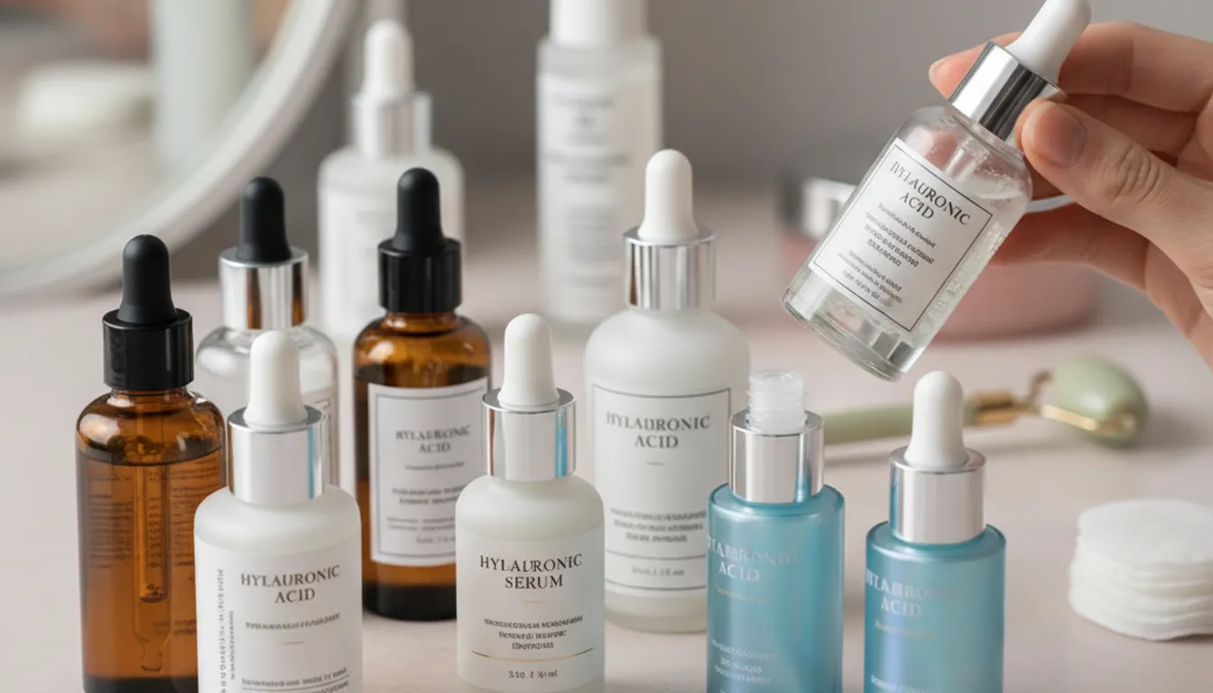 Hyaluronic acid serums: diverse bottles, experimenting with skincare products, photorealistic, beauty routine