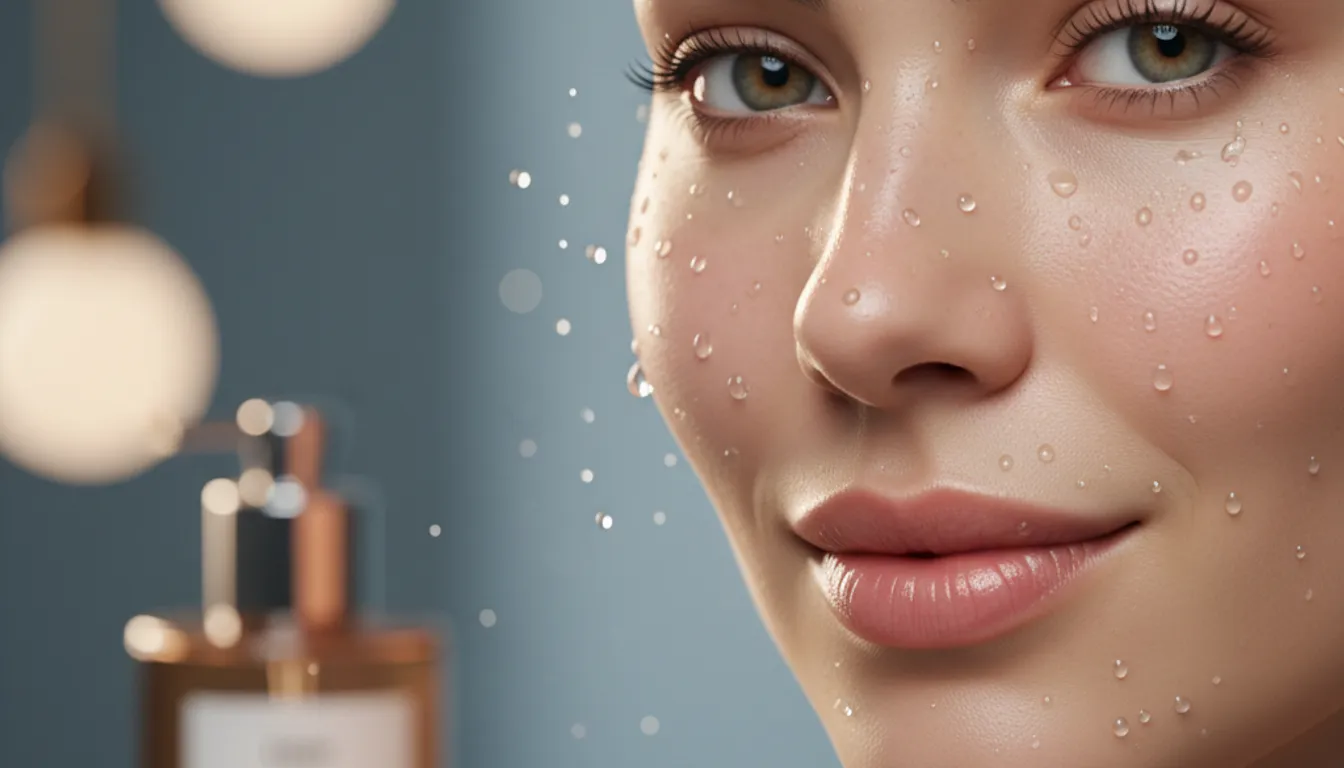 Glowing woman with hydrated skin after using hyaluronic acid serum. Photorealistic image.